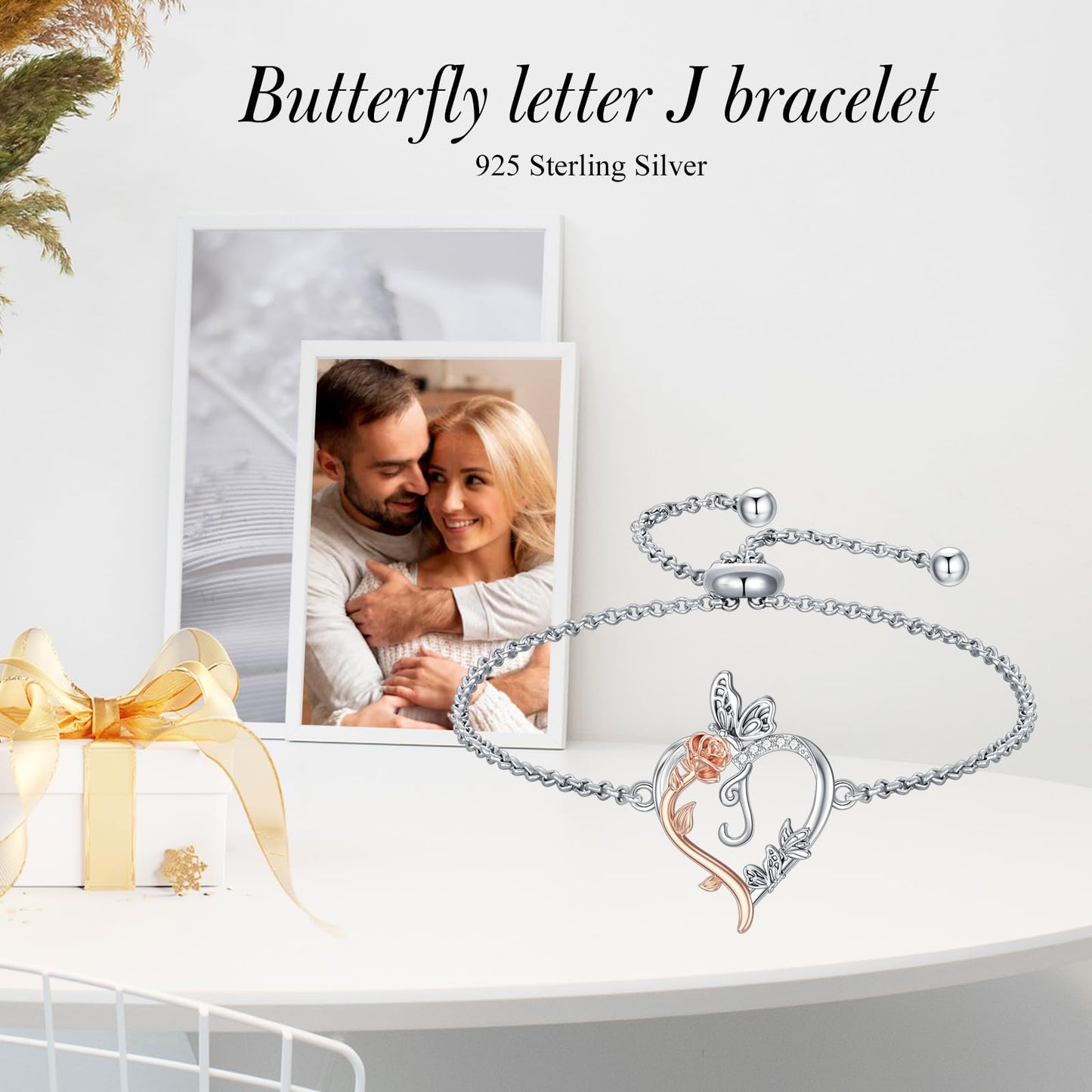 TOUPOP Rose Heart Bracelet for Women Sterling Silver Heart Initial J Letter Bracelet Butterfly Love Jewelry Anniversary Birthday Mothers Day Gifts for Mom Wife Her Girlfriend