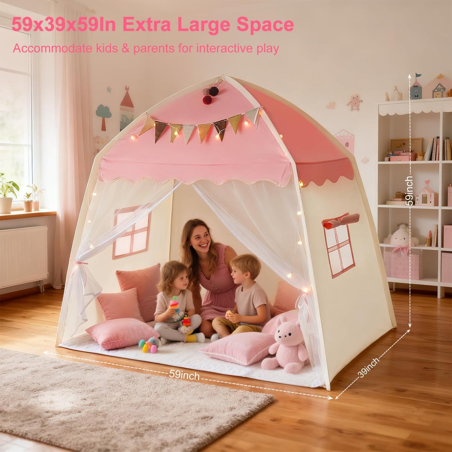 Kids Play Tent Indoor Teepee: Princess Castle Reading Nook with Mat Lights Carry Bag Mesh Windows Quick Setup for Bedroom Playroom Girls Ages 3-12 - 59x39x59 in