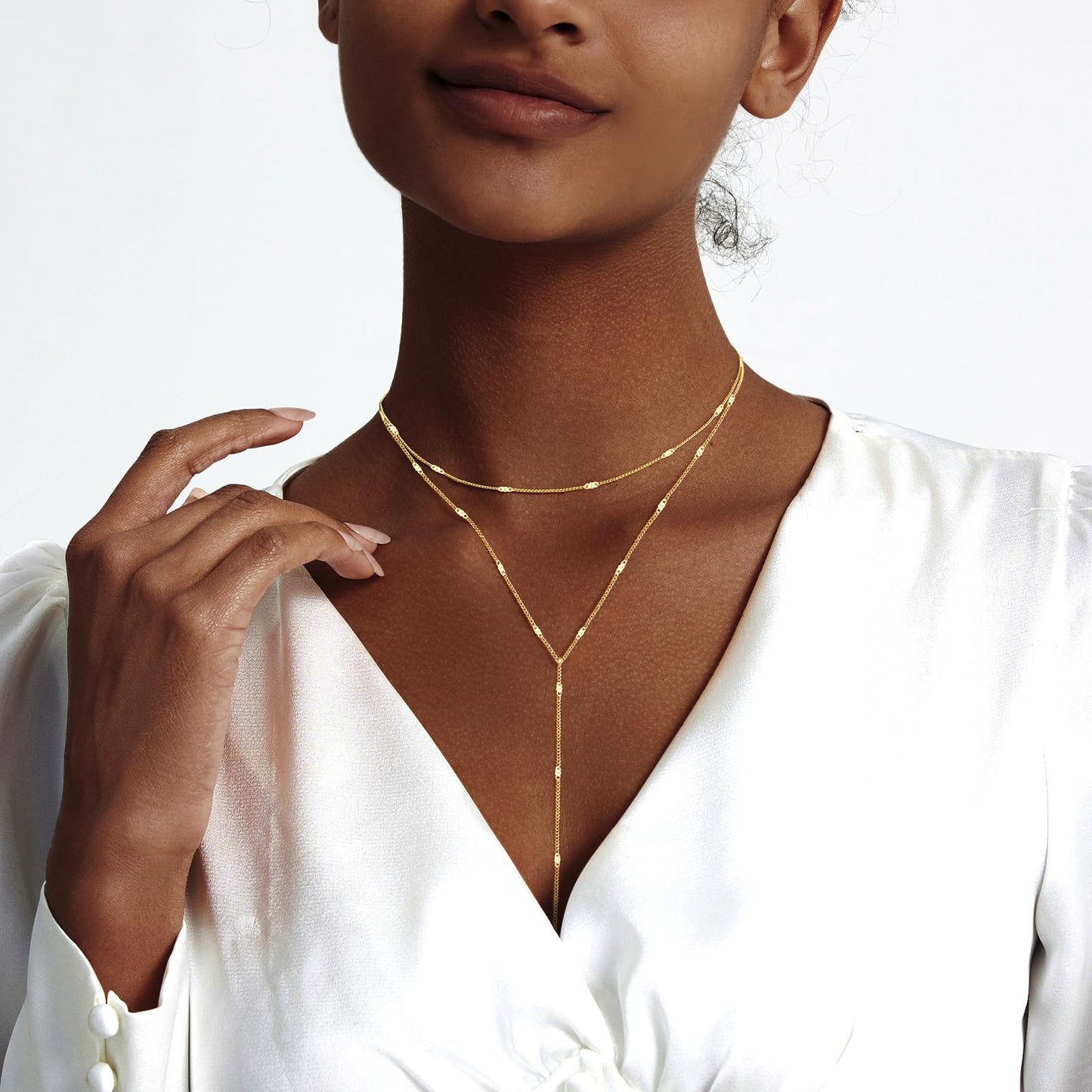 Zeffy Dainty Long Gold Necklaces for Women Trendy Lariat Y Necklace 14k Gold Plated Layered Bar Drop Necklaces Simple Y-Shaped Chain Jewelry Gift