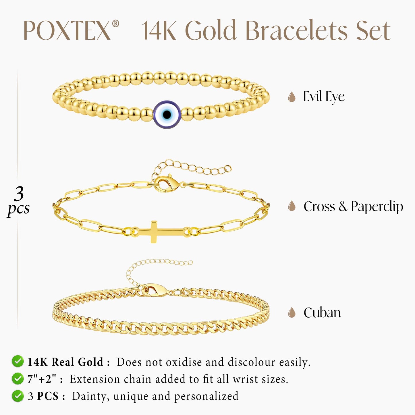 Gold Bracelet for Women, Dainty 14k Gold Filled Bracelets Set Adjustable Stretch Beaded Cuban Cross Bracelet Stack WaterProof Jewelry Gifts for Women