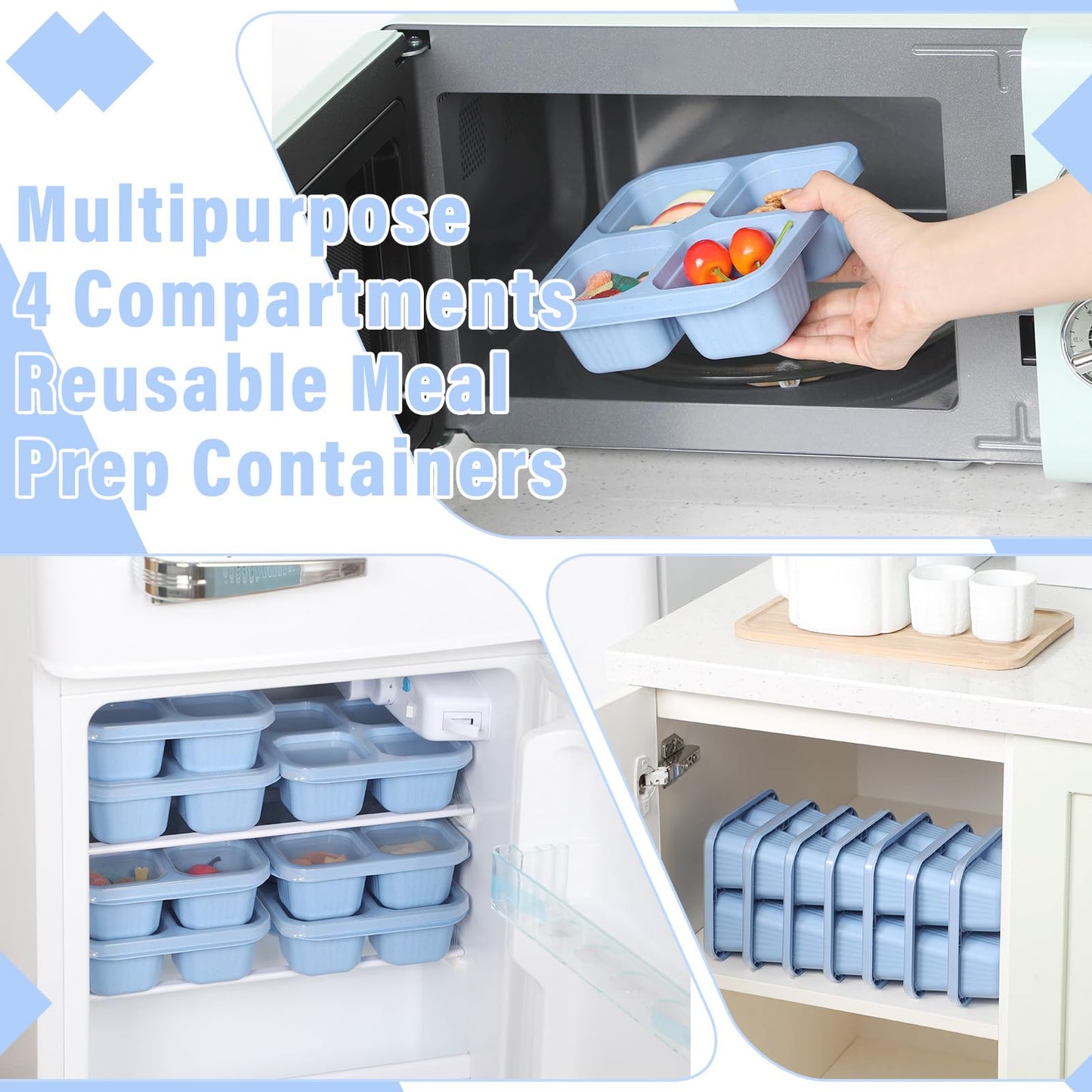 Ziliny 12 Pcs 4 Divided Compartments Snack Containers Bento Wheat Straw Snack Box with Lid Reusable Meal Prep Lunch Box Food Storage Containers for Adults Christmas Travel Work Gifts(Blue)