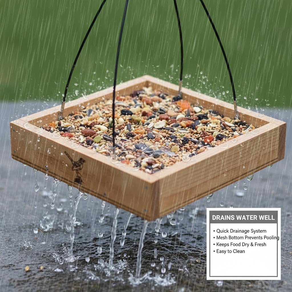 Cedar Wood Platform Tray Bird Feeder 10” - Hanging Bird Feeder for Outside Outdoor - Stainless Steel Cable Mesh Base - Weather Proof Birdfeeder for 10 Years - Longtime Outdoor Lasting Heavy Duty