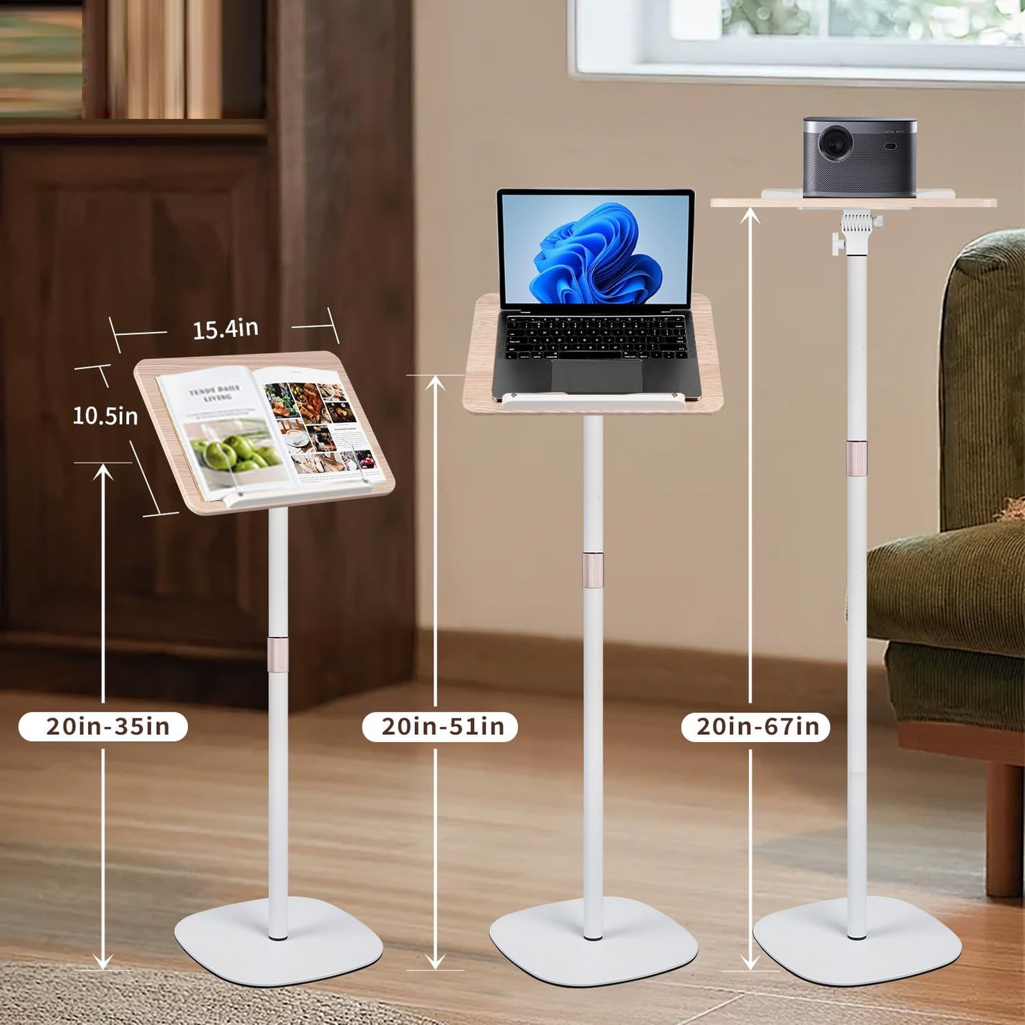 HDCHQXQ Adjustable Floor Book Stand Height From20'-35‘ and Angle, Music Stand,Reading Stand for Tablet Bibles, Recipes, Cooking, Books Wooden Display Rack,Stable Portable with Clip