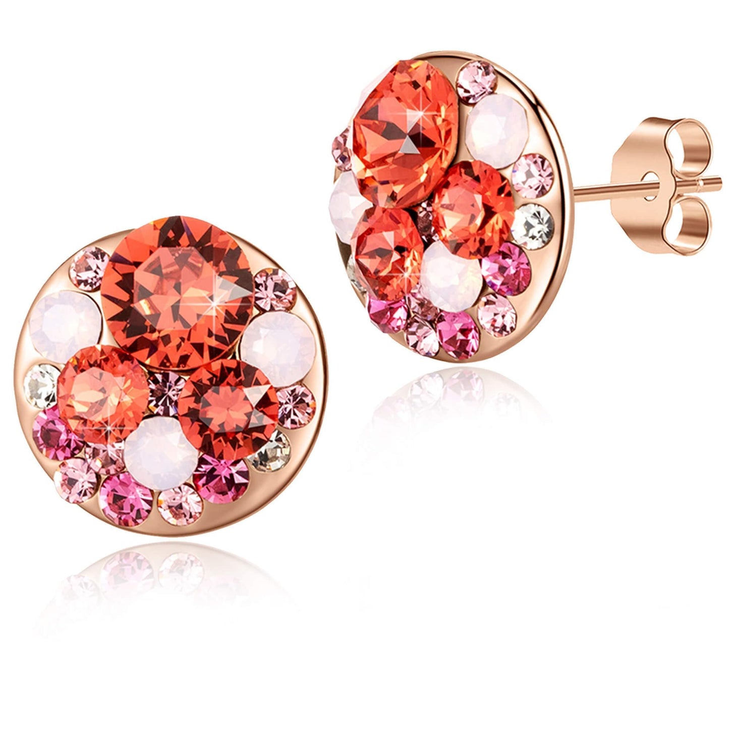 Multicolored Austrian Crystal Rhinestone Stud Earrings for Women Fashion S925 Sterling Silver Hypoallergenic Jewelry (Pink Red Crystals/Rose Gold-tone)