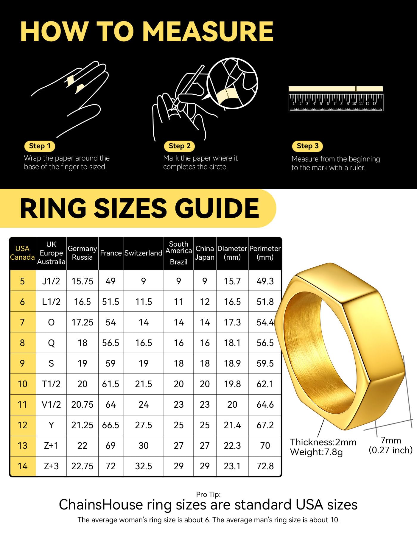 ChainsHouse Gold Hexagon Geometric Ring for Men Women, Cool Punk Hip Hop Biker Band Rings(Size 7)