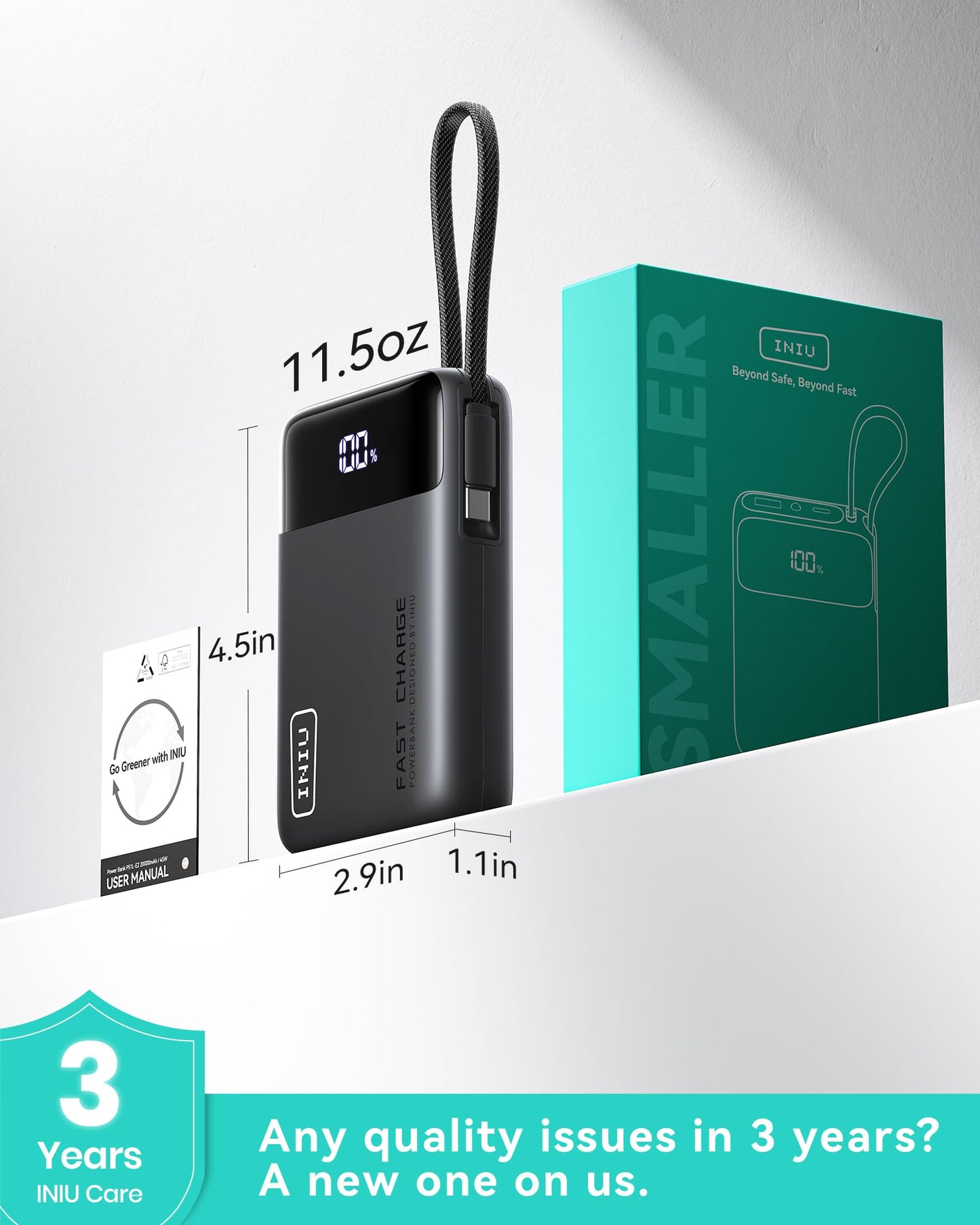 INIU 20000mAh Power Bank, Small Portable Charger, 45W PD Fast Charging Battery Pack with Build in USB-C Cable, Travel Phone Charger for iPhone 17 16 15 14 Air Samsung S25 S24 Google iPad Xiaomi, Black