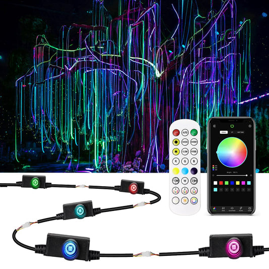 AZIMOM 1600pcs Fiber Optic Hanging Light for Garden Tree Decor Exhibition Indoor Shop Bar Ceiling, 0.03in 8.2ft Flash Point Side Glow Fiber Cable 8Pack Light Source Remote App Control Color Change