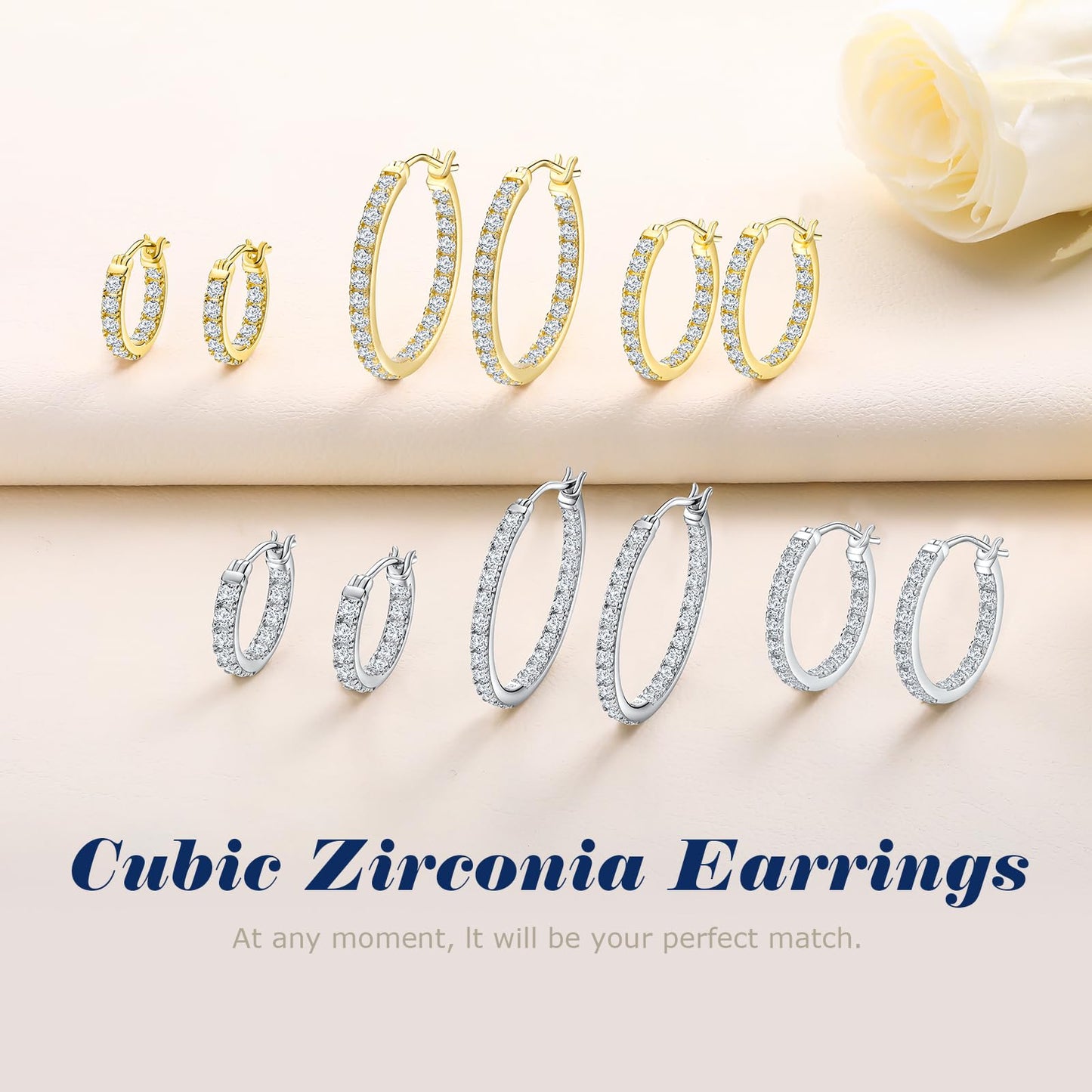 AGRULE 15mm Small Hoop Earrings with Cubic Zirconia Sterling Silver White Gold Plated Hypoallergenic Clip Top Hoops Created Diamond Hoop Earrings for Women