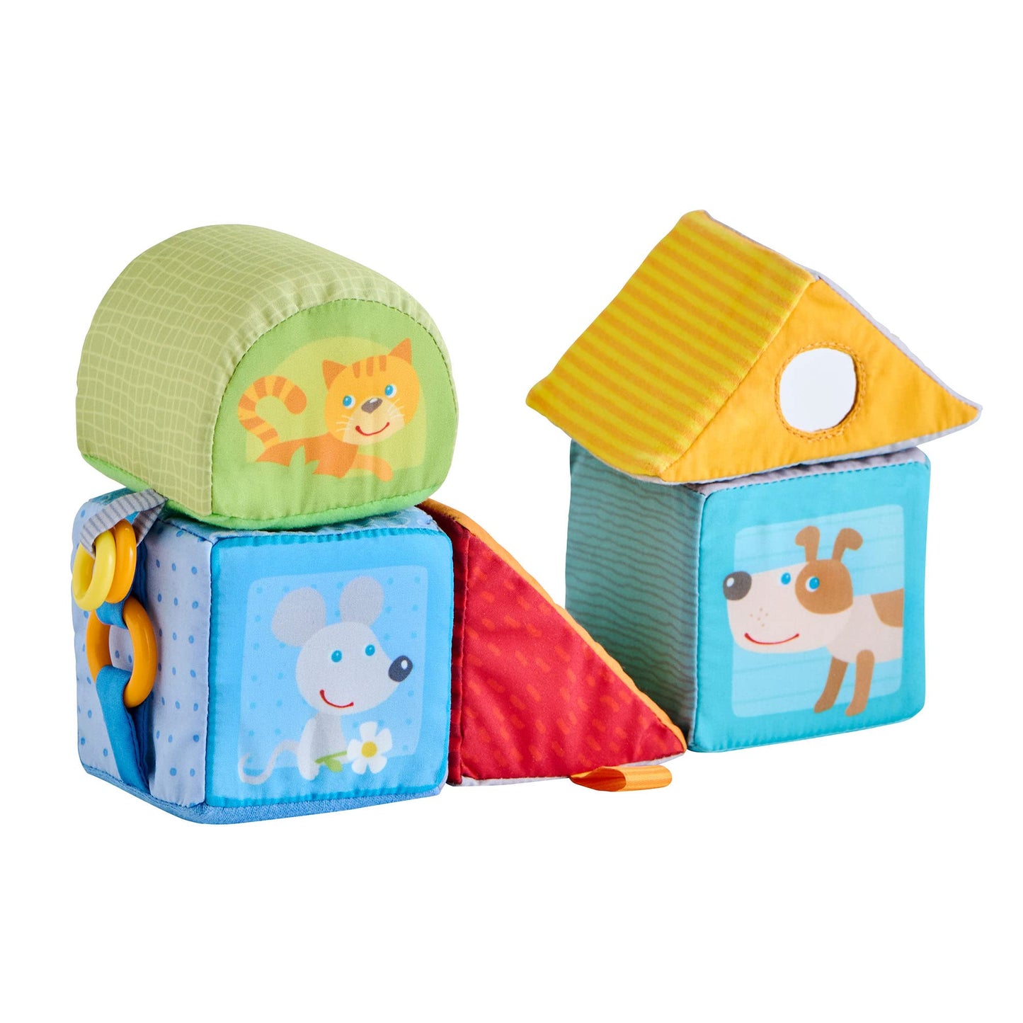 HABA Animal Soft Baby Blocks for 6-12 Months - 5 Geometric Shape Baby Sensory Toys with Rattle, Mirror, Squeaker & Crinkle Foil, Soft Building Blocks for Babies 6-12 Months