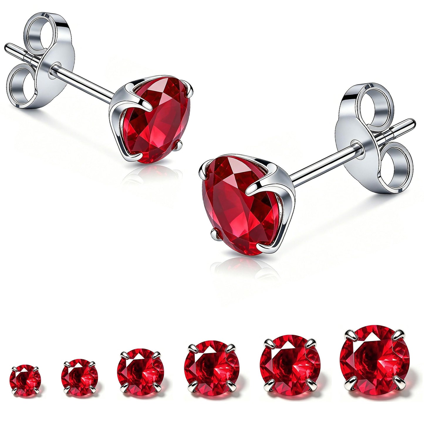 LNIEER 6 Pairs Surgical Steel Stud Earrings for Women, Hypoallergenic Fashion Earring Set, Premium Cubic Zirconia Studs Earrings 3-8mm (Red CZ)