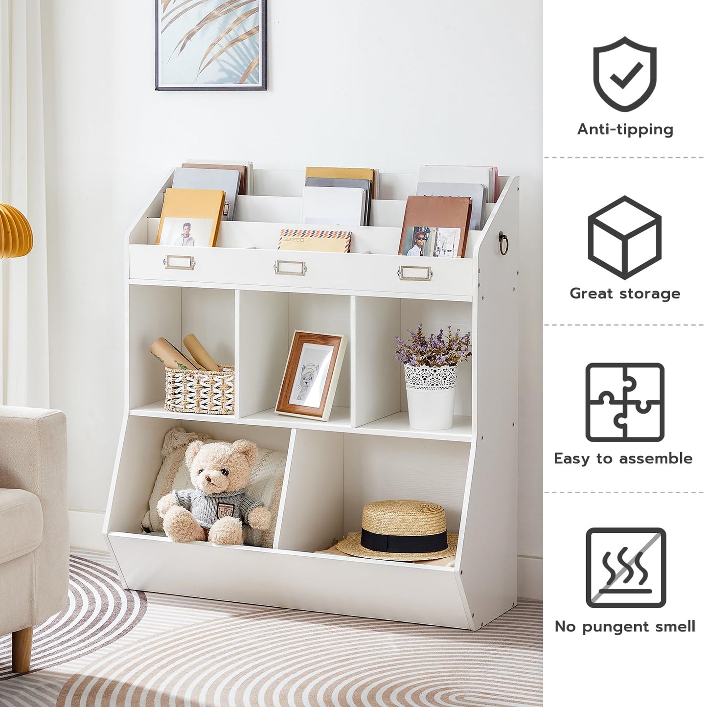 HOOBRO Kids Bookshelf, Toy Organizer and Storage, Bookshelf for Kids, 5 Compartments and 3-Layer Shelves, Bookcase Footboard, for Game Room, Playroom, Nursery, School, White WT34CW01