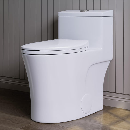 HOROW T0338WM Elongated One Piece Toilet Matte White, ADA Toilet 17.3" with Comfort Chair Height Seat, 0.8/1.28 GPF Powerful Dual Flush Toilet for Bathroom, 12" Rough-in Skirted Toilet Bowl