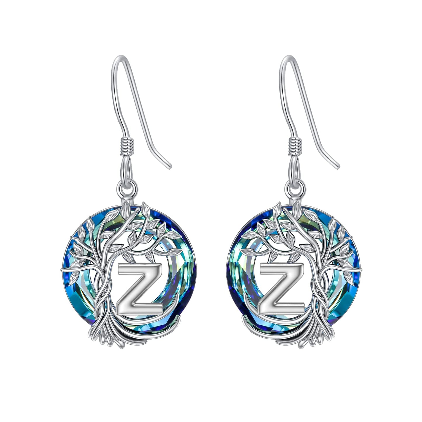 TOUPOP Tree of Life Initial Earrings Sterling Silver Initial Z Letter Drop Dangle Earrings Blue Circle Crystal Family Tree Jewelry Birthday Mothers Day Gifts for Women Mom Her