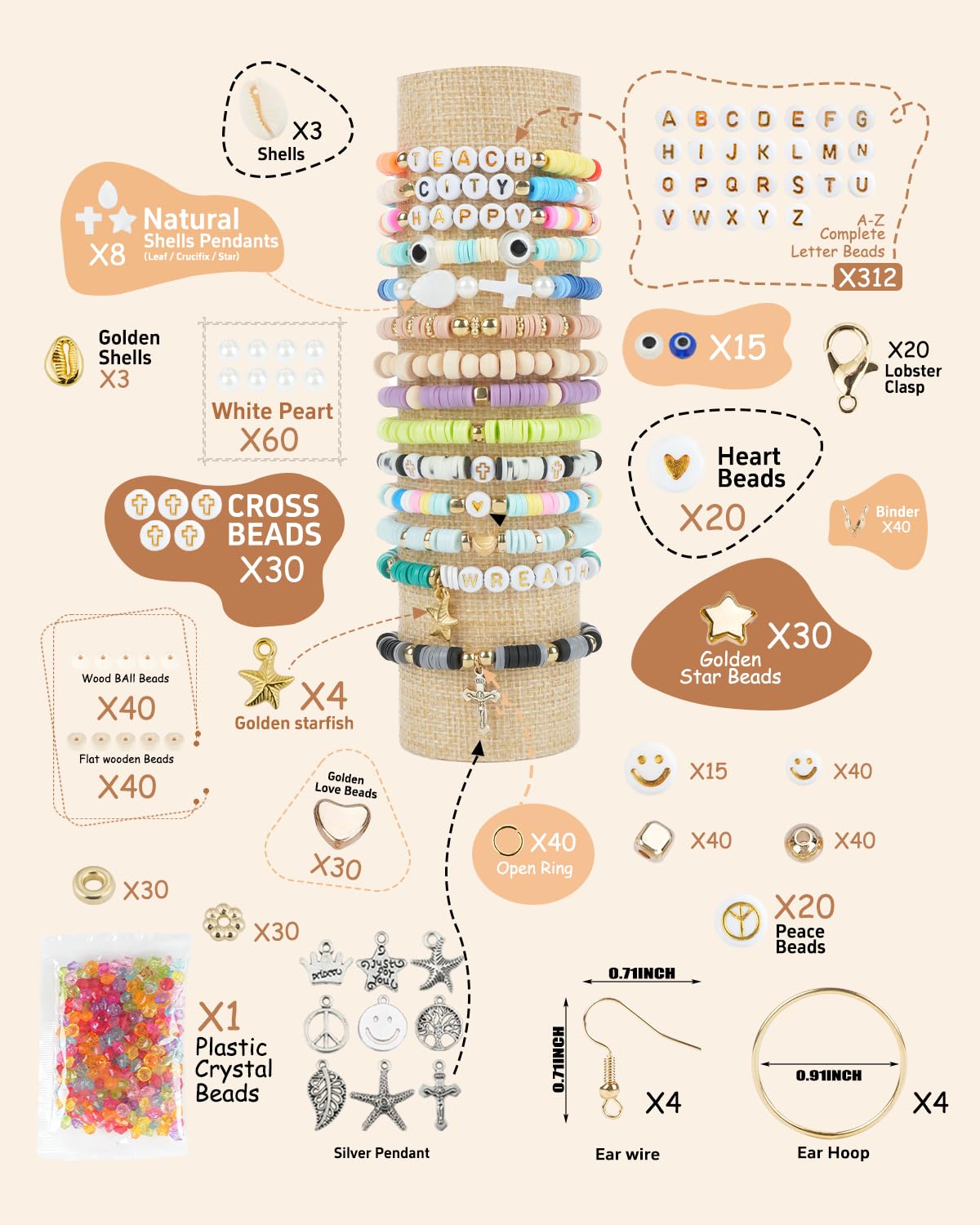 BestNow Clay Beads 3 Boxes Bracelet Making Kit Heishi Beads for Jewelry Making Round Letter Beads with Charm Elastic Strings Friendship Bracelets Holiday Arts and Crafts Gifts for Girls Adults