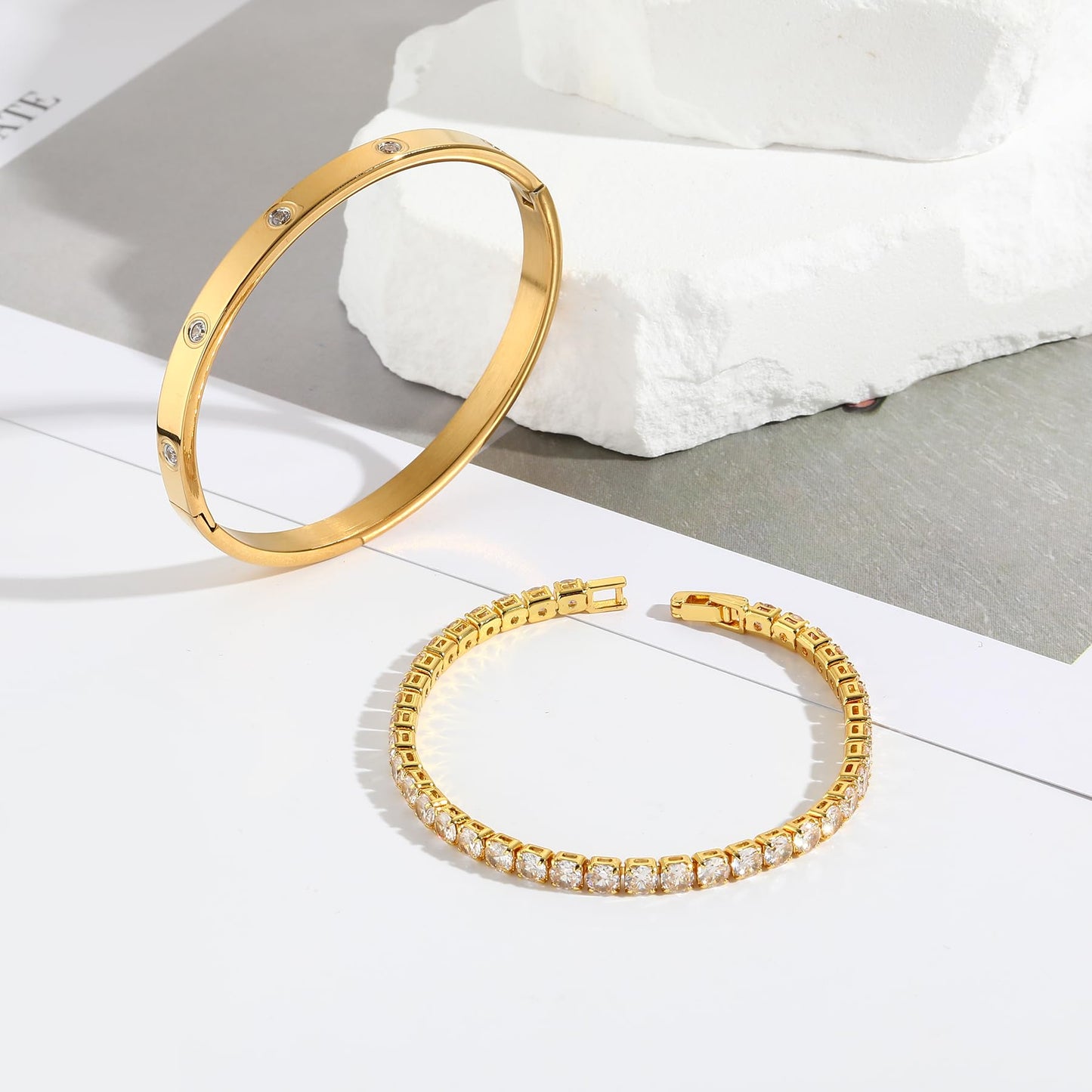 Jade cabbage Gold Bracelets for Women 18K Gold Plated Love Friendship Bracelet With Cubic Zirconia Cuff Bangle Jewelry Set Witness the Gift of Love (6mm gold 2pcs-B Medium 6.5")