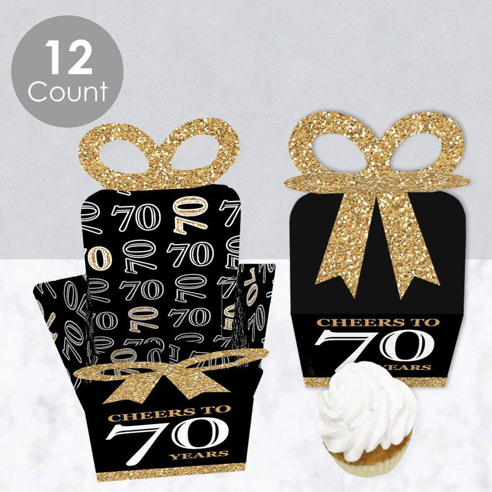 Big Dot of Happiness 70th Birthday Party Favor Gift Boxes - Elegant Gold Square Design with 3D Bow Top - Premium Cardstock Party Supplies for Milestone Celebration, Bow Boxes, Set of 12 Decorative Boxes - 70 Years