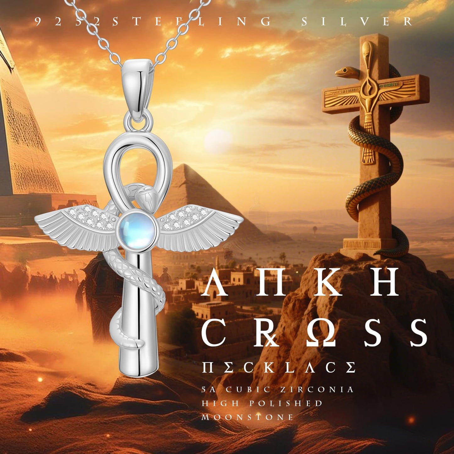 YEESIA Cross Necklace for Men and Women, 925 Sterling Silver Anka Cross Pendant Necklace with Moonstone, Egyptian Protective Jewelry Gift for Men and Women