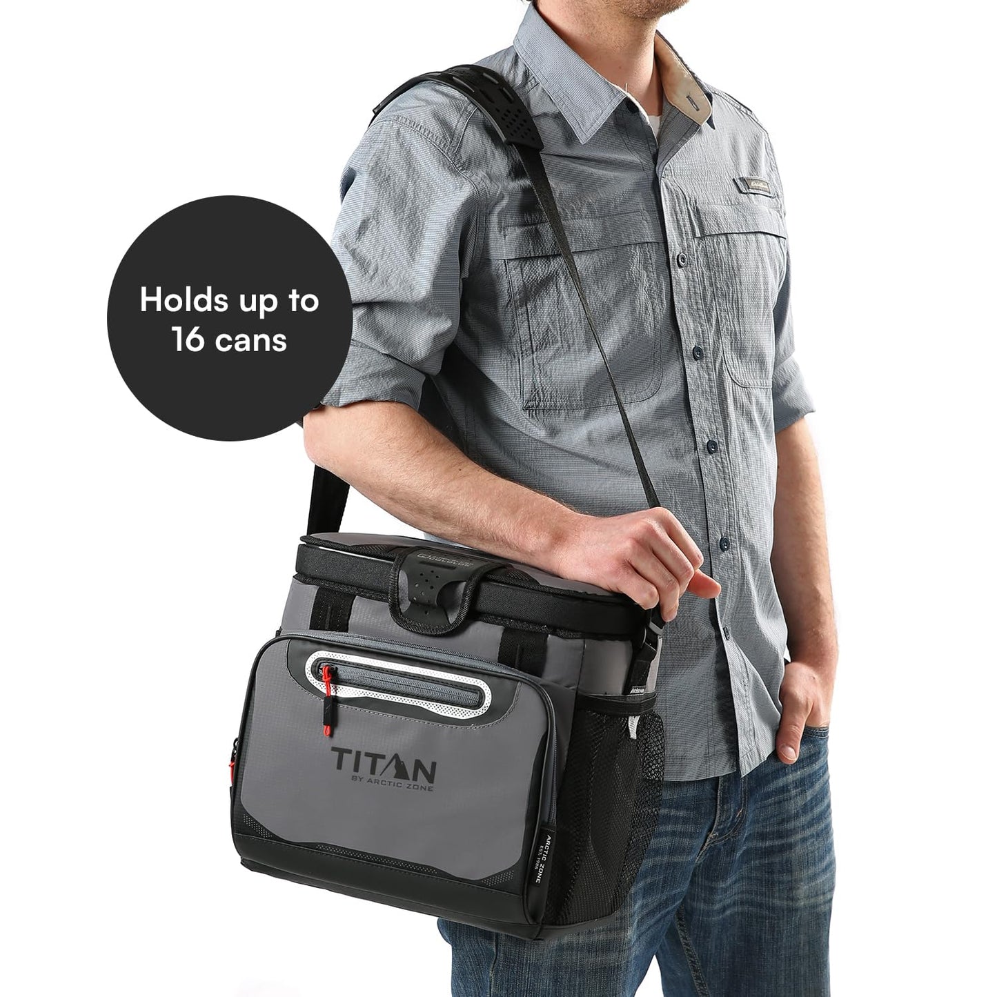 Titan by Arctic Zone Zipperless Soft Sided Cooler with HardBody Liner and SmartShelf, Insulated Bag with Shoulder Strap for Lunch and Travel, 16 Can Capacity, Sharkskin Gray