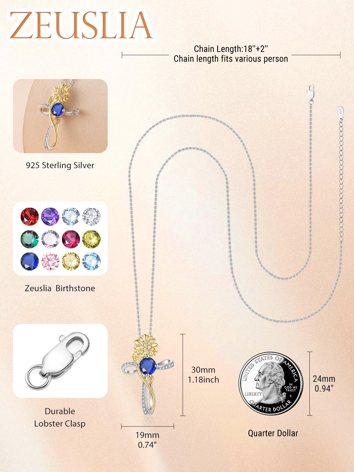Cross Necklace for Women Sterling Silver Cross Pendant Jewelry with Sunflower Sapphire September Birthstone Necklace Christian Religious Baptism First Communion Confirmation Birthday Gifts for Women