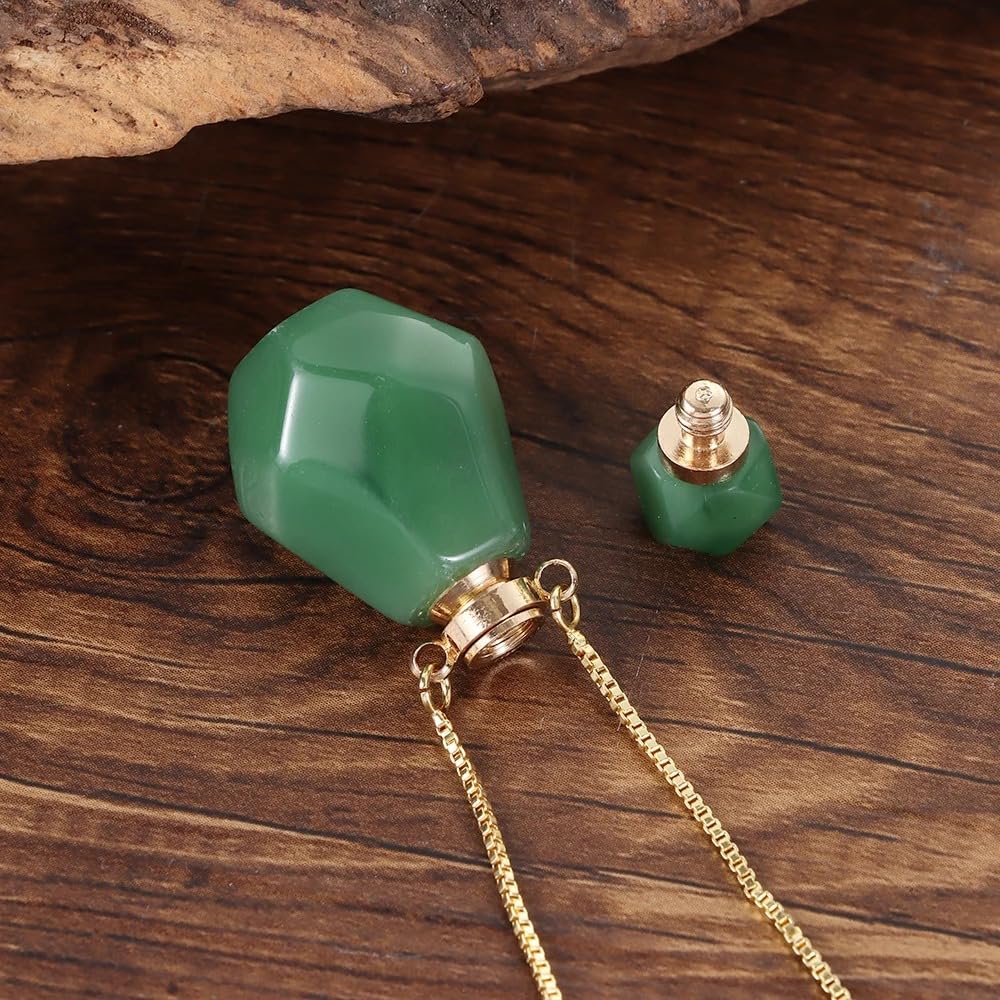 14K Yellow Gold Natural Stone Vial Necklace For Women - Glass Pendant Water Drop Jar Perfume Jewelry - Container For Liquid Oil Diffuser