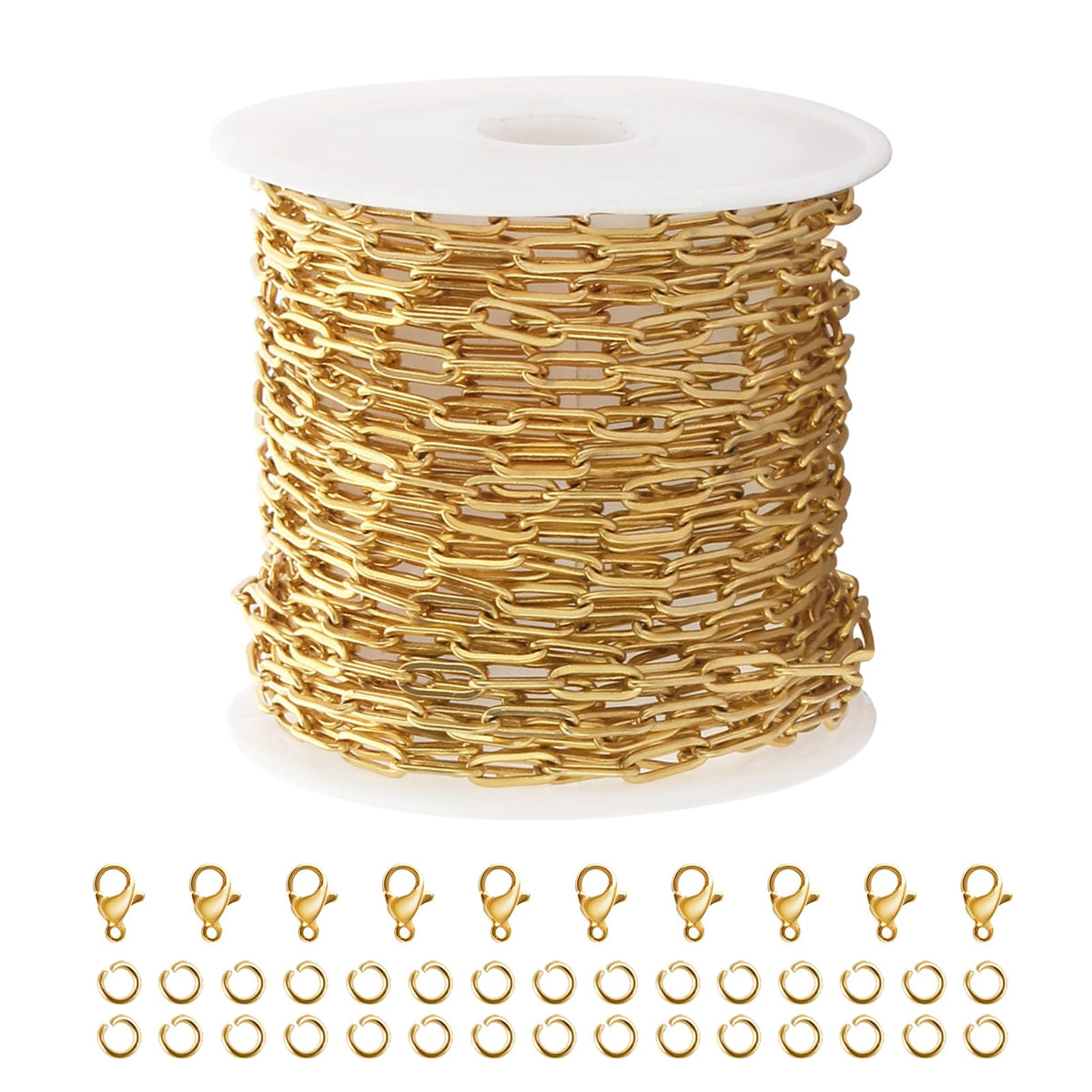 Kyutong 5M Gold PVD Plated Necklace Chain for Jewelry Making 304 Stainless Steel Paperclip Chain Roll with Lobster Clasps and Jump Rings for Men Women Making Jewelry Craft Support Jewelry Findings