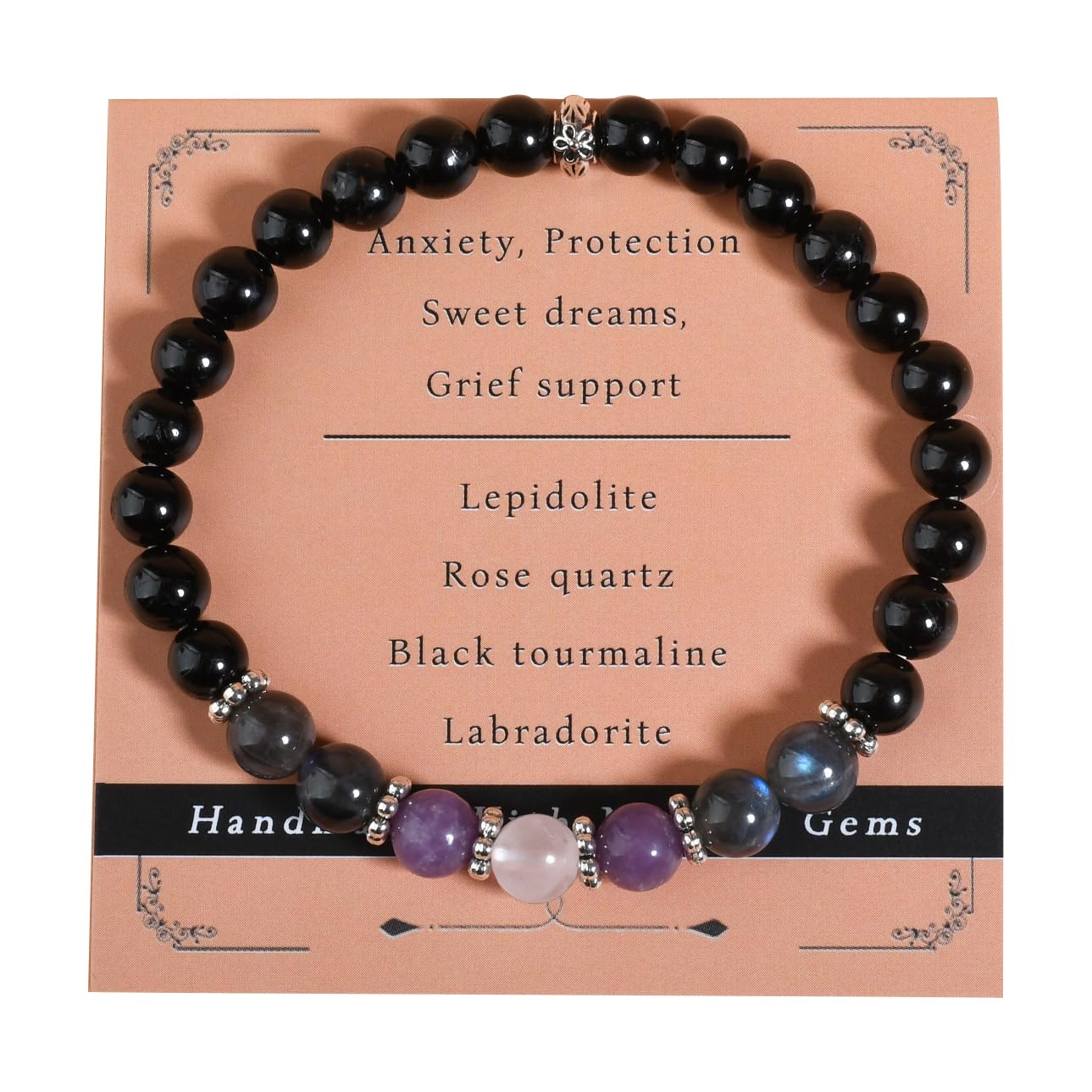 Gracayfr Anxiety Relief Bracelet Protection Black Tourmaline Labradorite Lepidolite Rose Quartz Healing Crystal Grief Support Gifts Items Jewelry Women Lepi Ros Labra