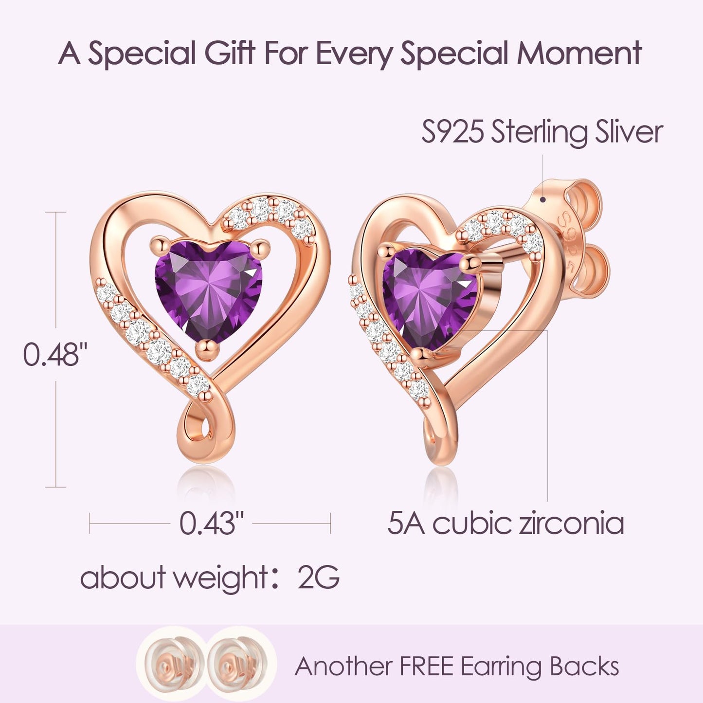 Zifeel Earrings for Women,Rose Gold Birthstone Heart Studs Earring for Girlfriend Wife, Anniversary Birthday Christmas Valentines Mothers Day Gifts Jewelry for Women Wife Her Mom