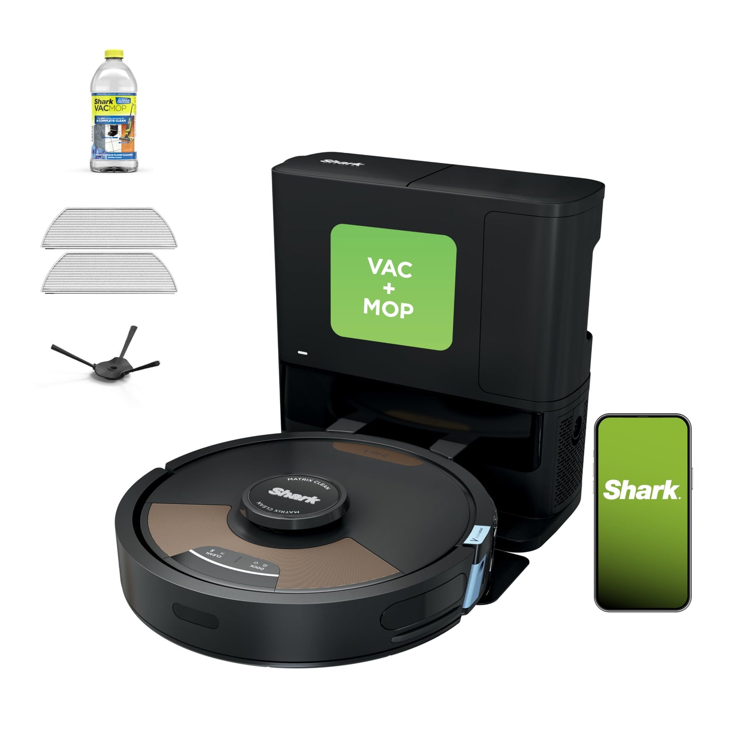Shark Matrix Plus 2in1 Robot Vacuum & Mop with Sonic Mopping, Matrix Clean, Home Mapping, HEPA Bagless Self Empty Base, CleanEdge, for Pet Hair, WiFi, Compatible with Alexa, Black/Gold (AV2613WA)