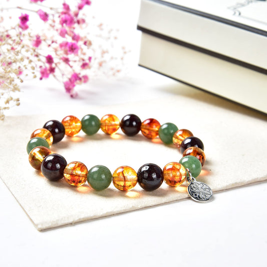 Crystal Agate Triple Stone Money Bracelet - Beaded Stretch Bracelet with Citrine, Red Garnet & Green Aventurine - Meditation, Motivational & Spiritual Gift for Men and Women - 10mm Beads