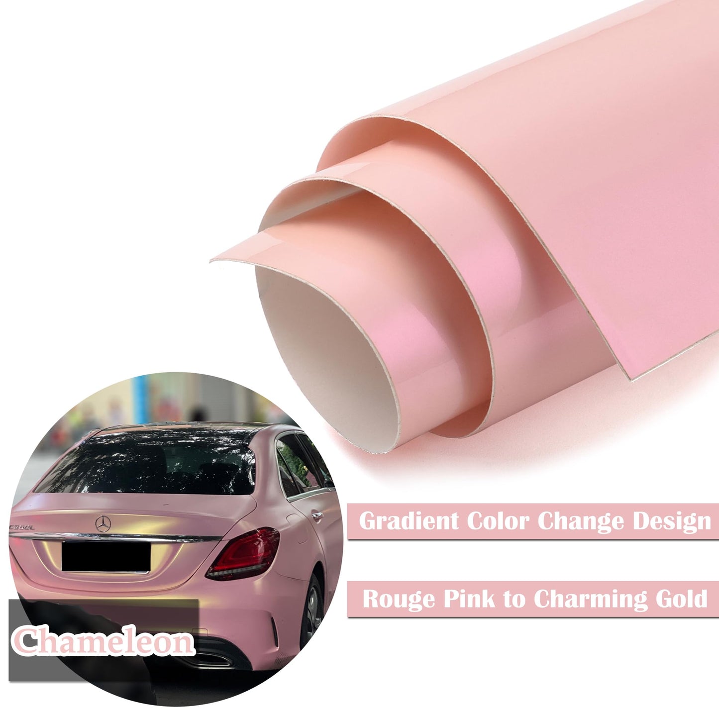 AuMoHall Rouge Pink to Charming Gold Glossy Chameleon Vinyl Wrap Color Change DIY Vehicle Vinyl Film, 59.84" x 196.85"