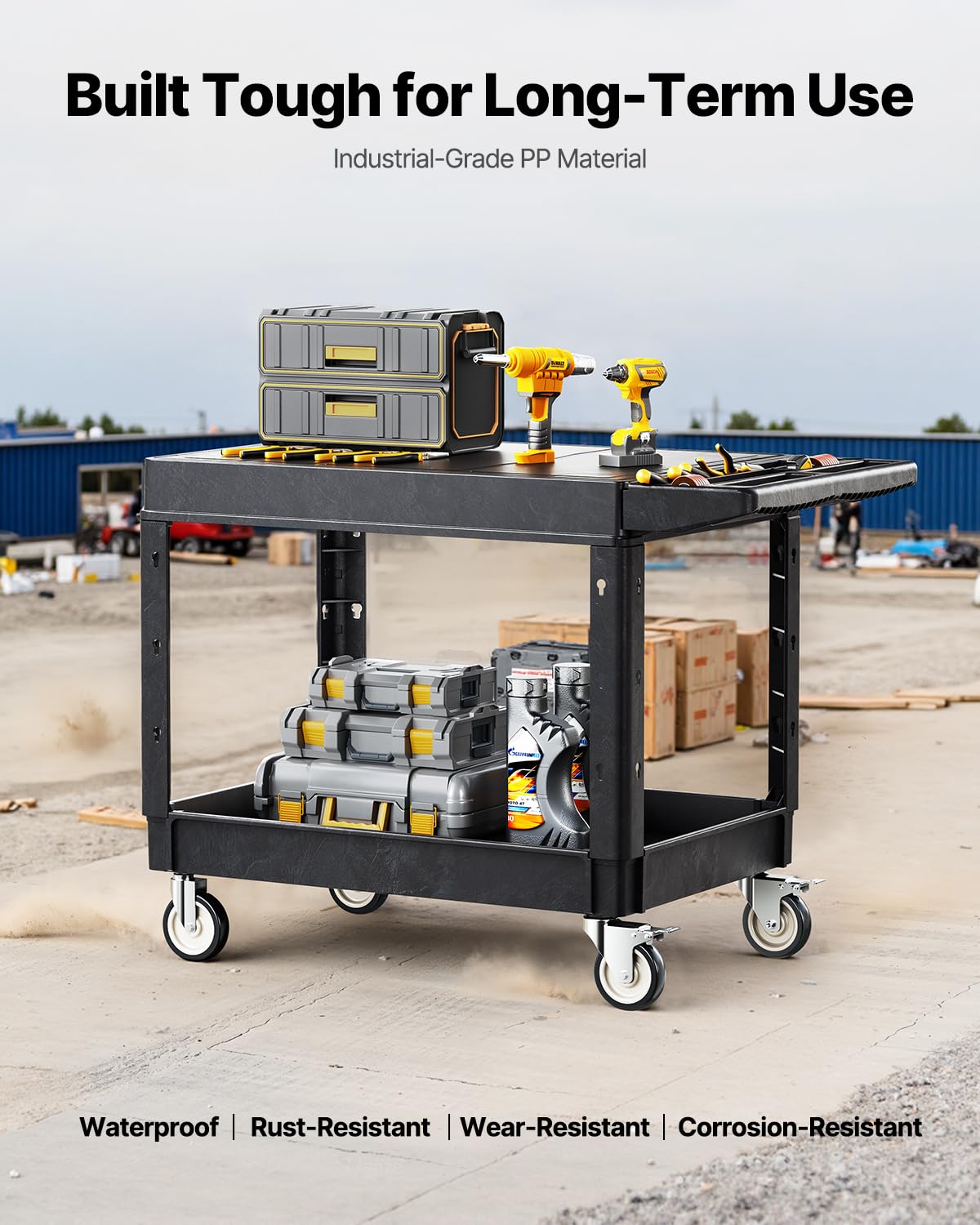 VEVOR Utility Cart, 550 lbs Load Capacity, 37 x 25.4-inch Service Cart, Two-Shelf Heavy Duty Plastic Utility Cart with 360° Swivel Wheels (2 with Brakes), Suitable for Warehouse, Garage, Cleaning