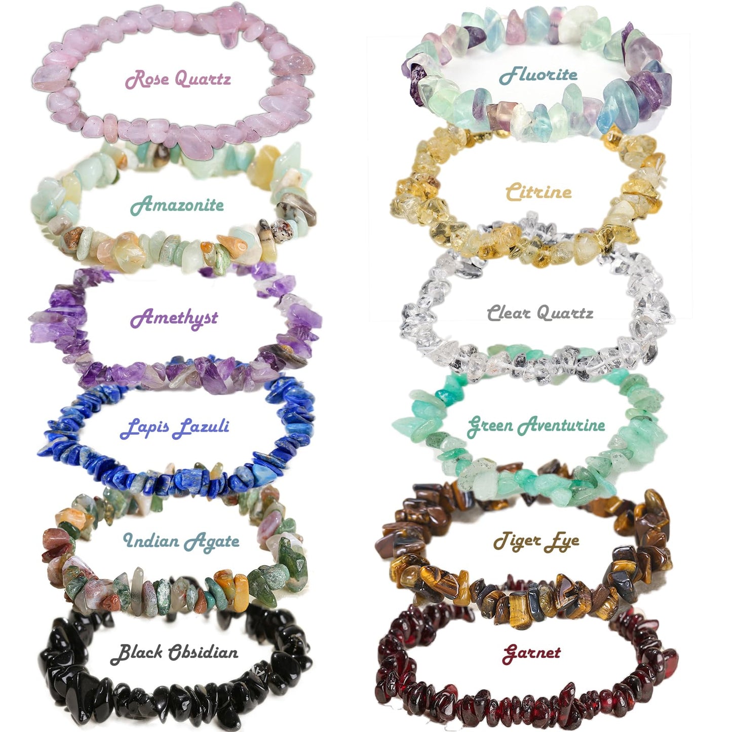 KRYOSAUR Natural Healing Crystal Bracelet Set, 12 Pack Multicolor Gemstone Energy Bracelets with Amethyst, Rose Quartz, Tiger Eye, Black Obsidian for Meditation, Protection