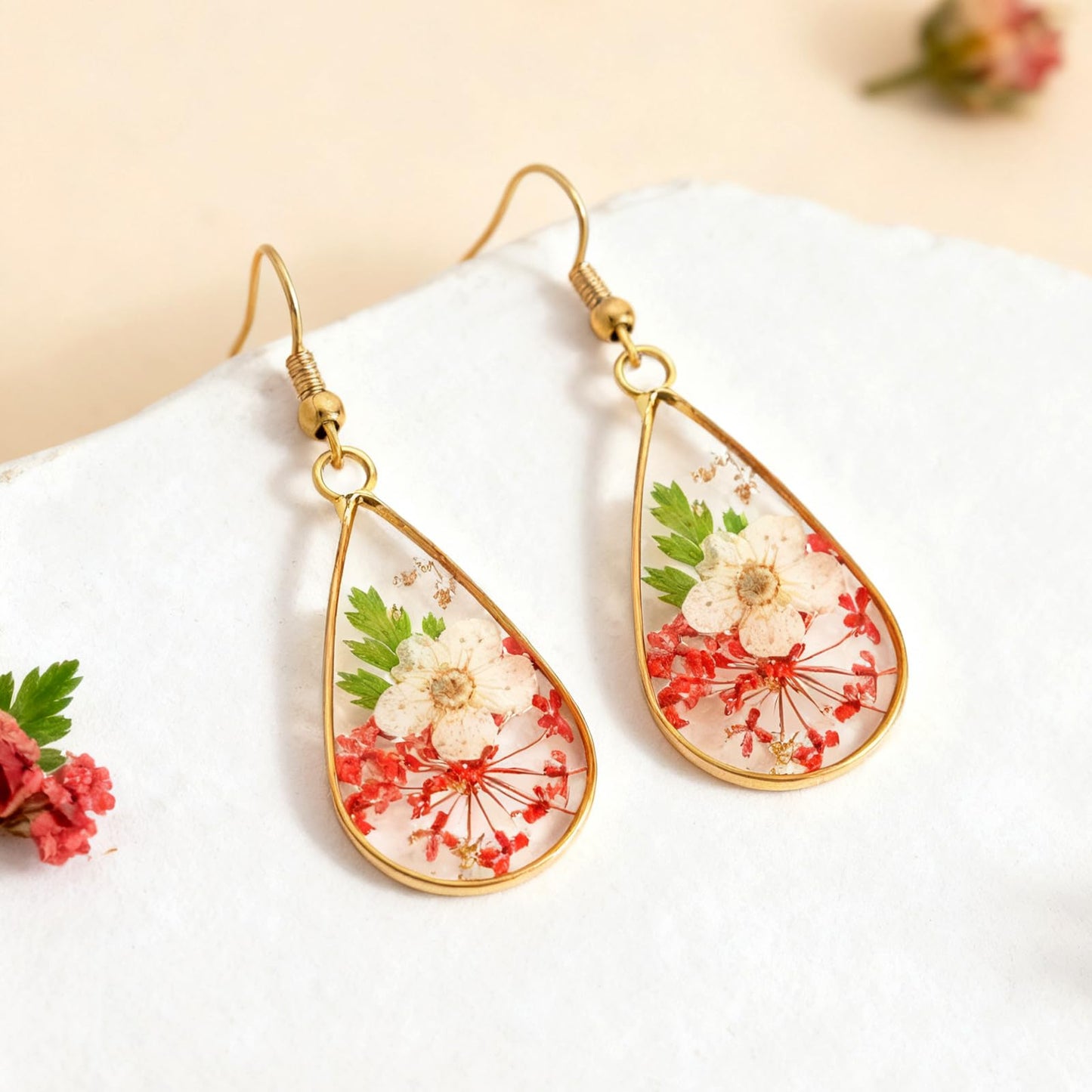 Jean Beau Handmade Pressed Flower Earrings for Women, Unique Resin Red White Dried Flowers Gold Plated Teardrop Dangle Drop Nature Floral Earings Fashion Summer Jewelry Gift