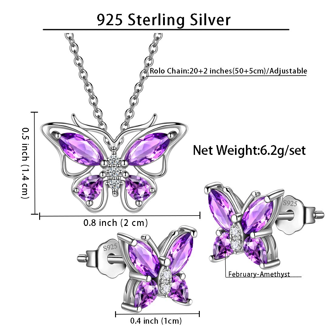 Hipunk Butterfly Purple Jewelry Sets Birthstone Women 925 Sterling Silver Februsry-Amethyst Birth Stone Animal Butterflies Jewelry Sets/Earring Set Crystal Birthday Jewelry SS0001F