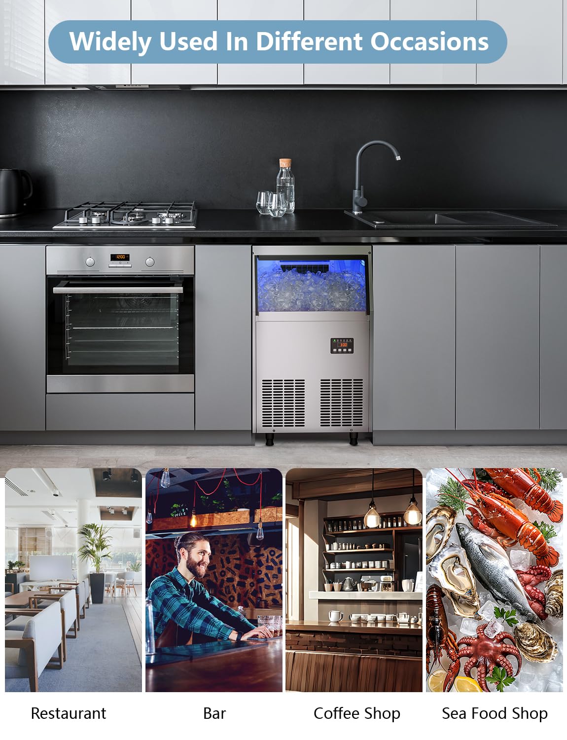 Coolski Commercial Ice Maker Machine 100Lbs/24H, Under Counter Ice Machine with 34lbs Ice Storage Bin, Stainless Steel Freestanding Ice Maker for Restaurant, Bars, Home and Offices