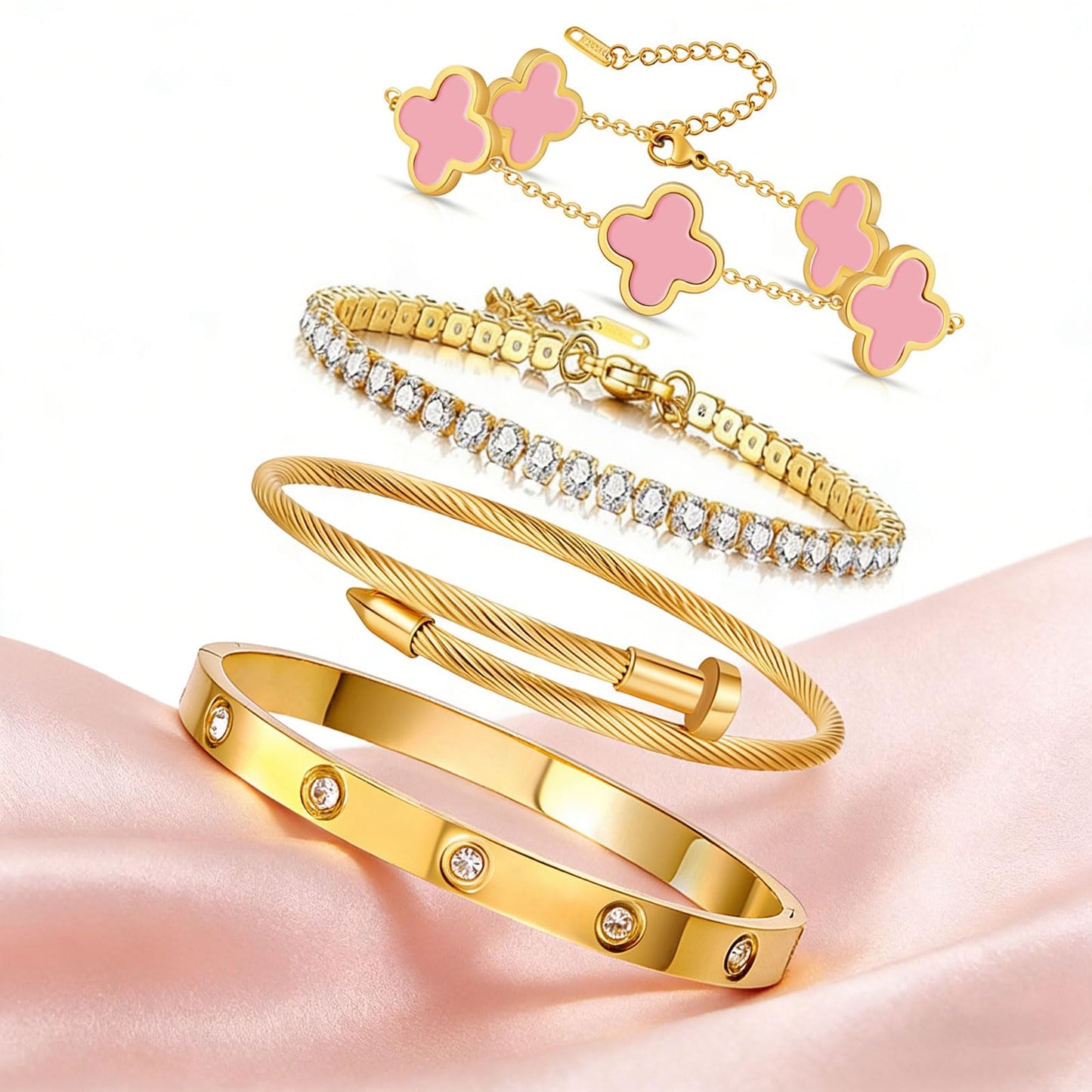 Gold Bracelets for Women, 18K Gold Plated Women Tennis Bracelets Clover Nail Love Bangle Bracelet Set, Gold Bracelet Stackable Set Trendy Jewelry, Gifts for Women's Day and Mother's Day (08-Color-4 Pink)