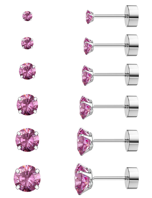 6 Pairs Hypoallergenic Cubic Zirconia Earrings Surgical Steel Flat Back Studs for Cartilage, Screw Back Fashion Jewelry