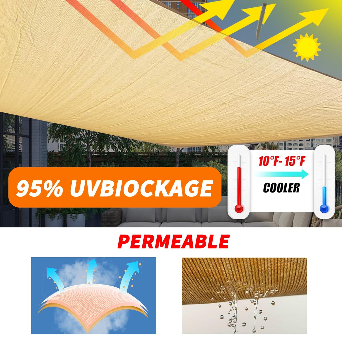 8'x8' Sun Shade Sail Curved Commercial Outdoor Shade Cover Turquoise Rectangle Heavy Duty Permeable 185GSM Outdoor Shades for Patio Garden Sandbox