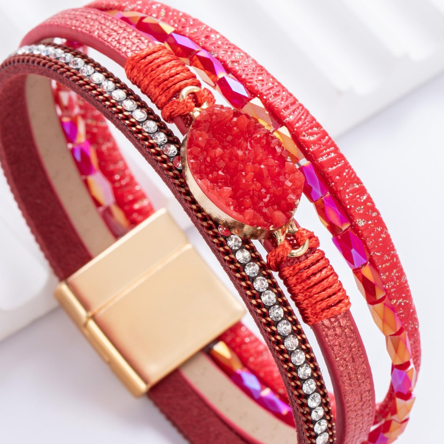 FANCY SHINY Boho Leather Wrap Bracelet Stackable Chunky Crystal Cuff Bracelets with Magnetic Clasp Cowboy Cowgirl Western Summer Beach Outfits Jewelry Gifts for Women (7.7", Red)