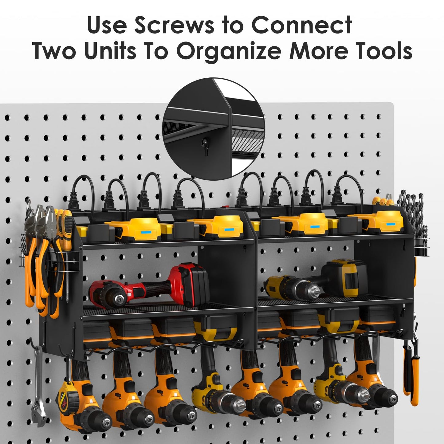 CCCEI Modular Power Tool Organizer Wall Mount Charging Station, Black 6 Drills Holder with 8 Plug Power Strip, Garage Drill Battery Heavy Duty Metal Shelf, Utility Rack with Hooks, Side Storage.