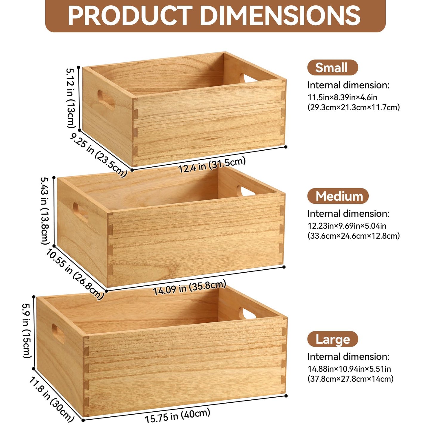 KIRIGEN Nesting Wood Crates with Handles, Set of 3 Decorative Storage Boxes, Farmhouse Shelf Bins for Pantry, Bathroom, Craft Room, Toys, Towels, Books, 15.75 x 11.8 x 5.9 in, Natural 3TH-NA
