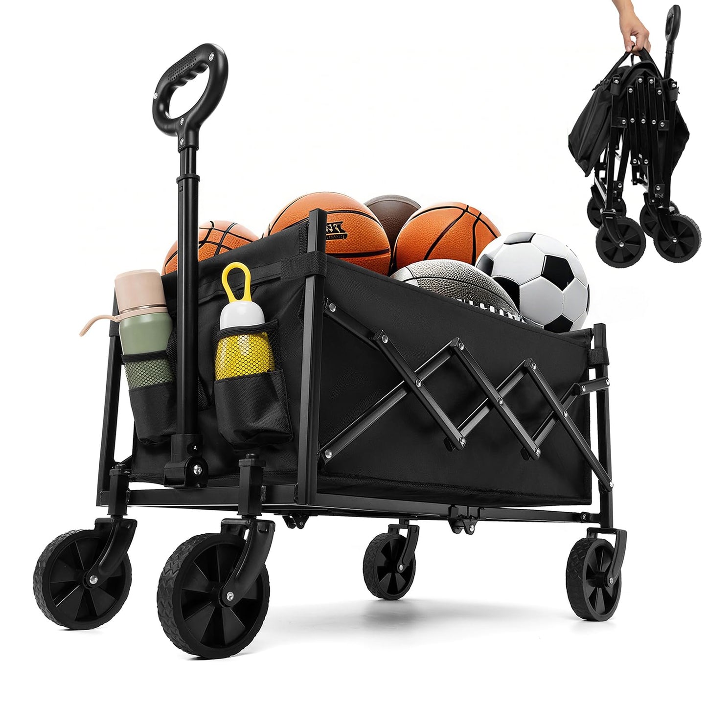 Collapsible Foldable Camping Cart, 200lbs Foldable Wagon Cart with Wheels, 150L Shopping Cart for Groceries Folding Utility Wagon for Beach, Garden, Camping, Sport, Black
