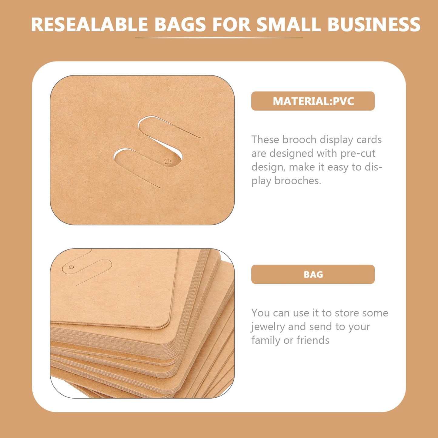 TEHAUX 200pcs Brooch Display Cards for Pins, Hair Clip Display Cards with Pre-Cut Hole, Brown Kraft Paper Earring Cards for Jewelry Hair Accessories Bow Display Organizing and Retail, 2.76X2.76inch