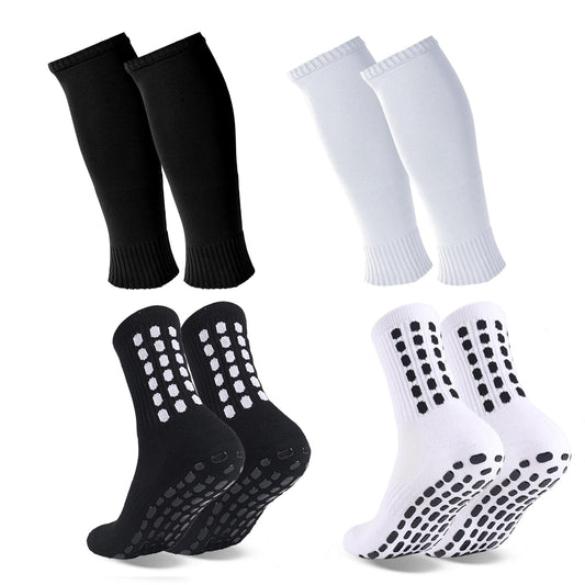 Barrlves 2 Set Grip Soccer Socks and Shin Guard Sleeves Non Slip Soccer Sleeve Socks for Men Women(US, Alpha, One Size, Regular, Regular, Black&White)