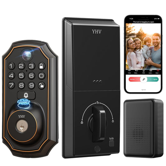 YHV Keyless Entry Door Lock with Camera Fingerprint Smart Door Lock with App Remote Control, Wi-Fi Connected Electronic Keypad Code Deadbolt Auto Unlock for Front Door