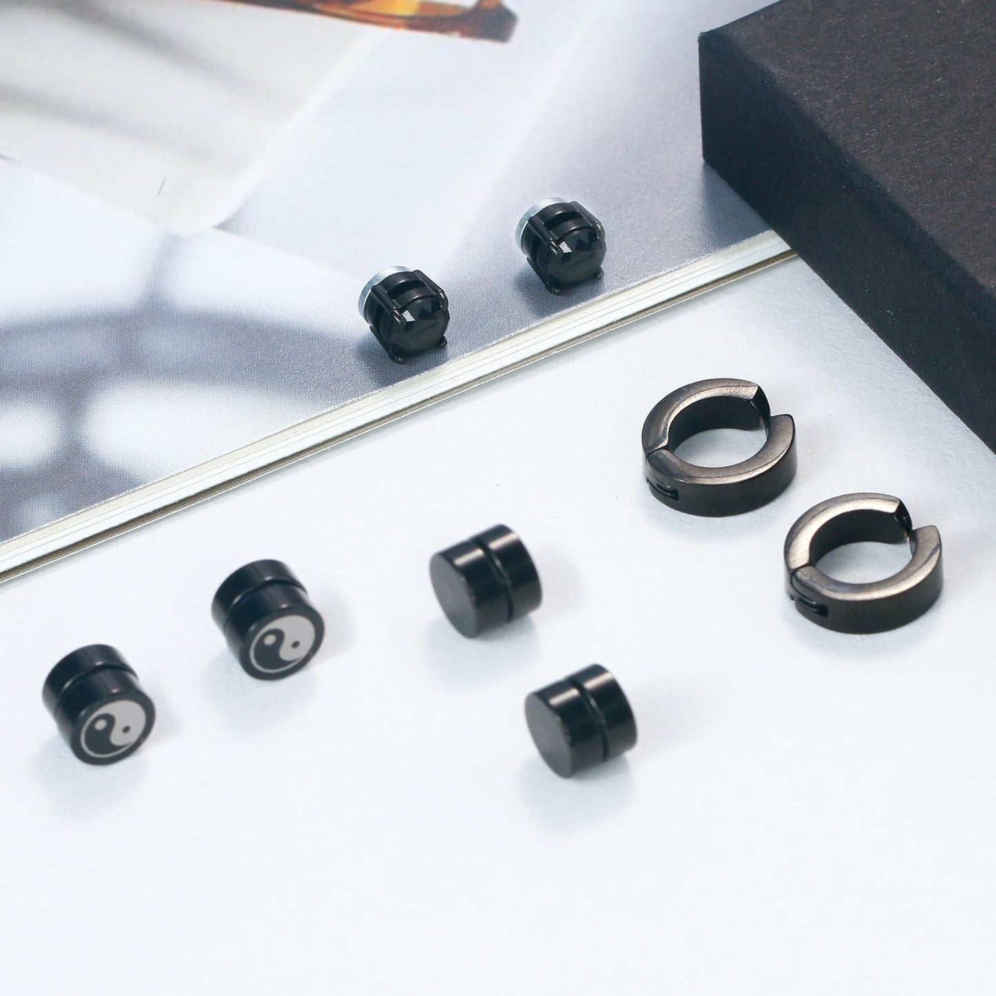 Trinckle Magnetic Earrings for Men and Women, 4 Pairs Black Magnet Earrings Stainless Steel Stud Hypoallergenic Clip on Magnetic Studs Aretes De Imanes Para Hombre Men's Jewelry