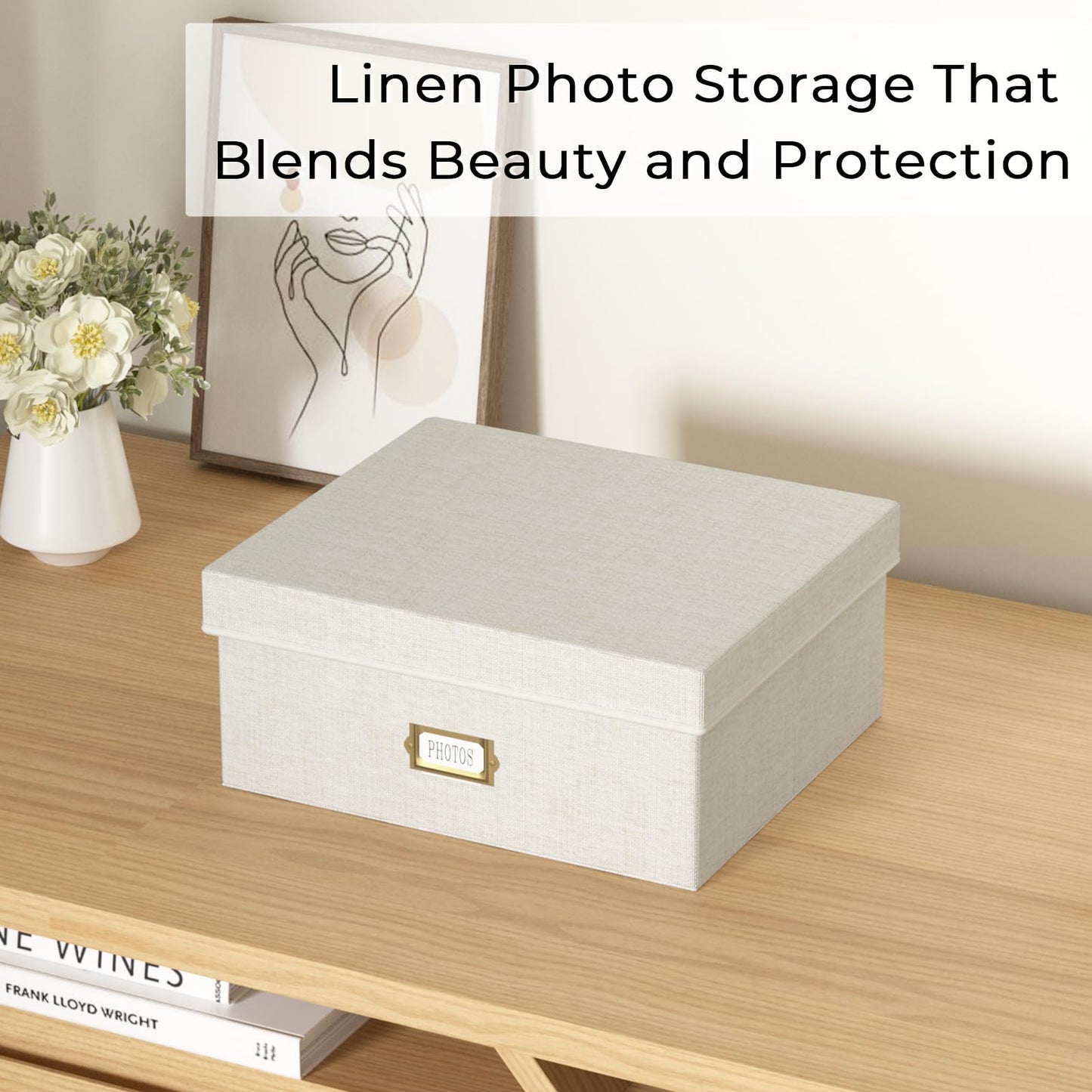 Decorative Photo Storage Box - Linen Photo Box Organizer with Dividers, Fits Holds Up to 1700 Pictures and 4x6 Photos, Memory Keepsake Organizer for Photos, Scrapbook Supplies, Cards, Stamps (Beige)
