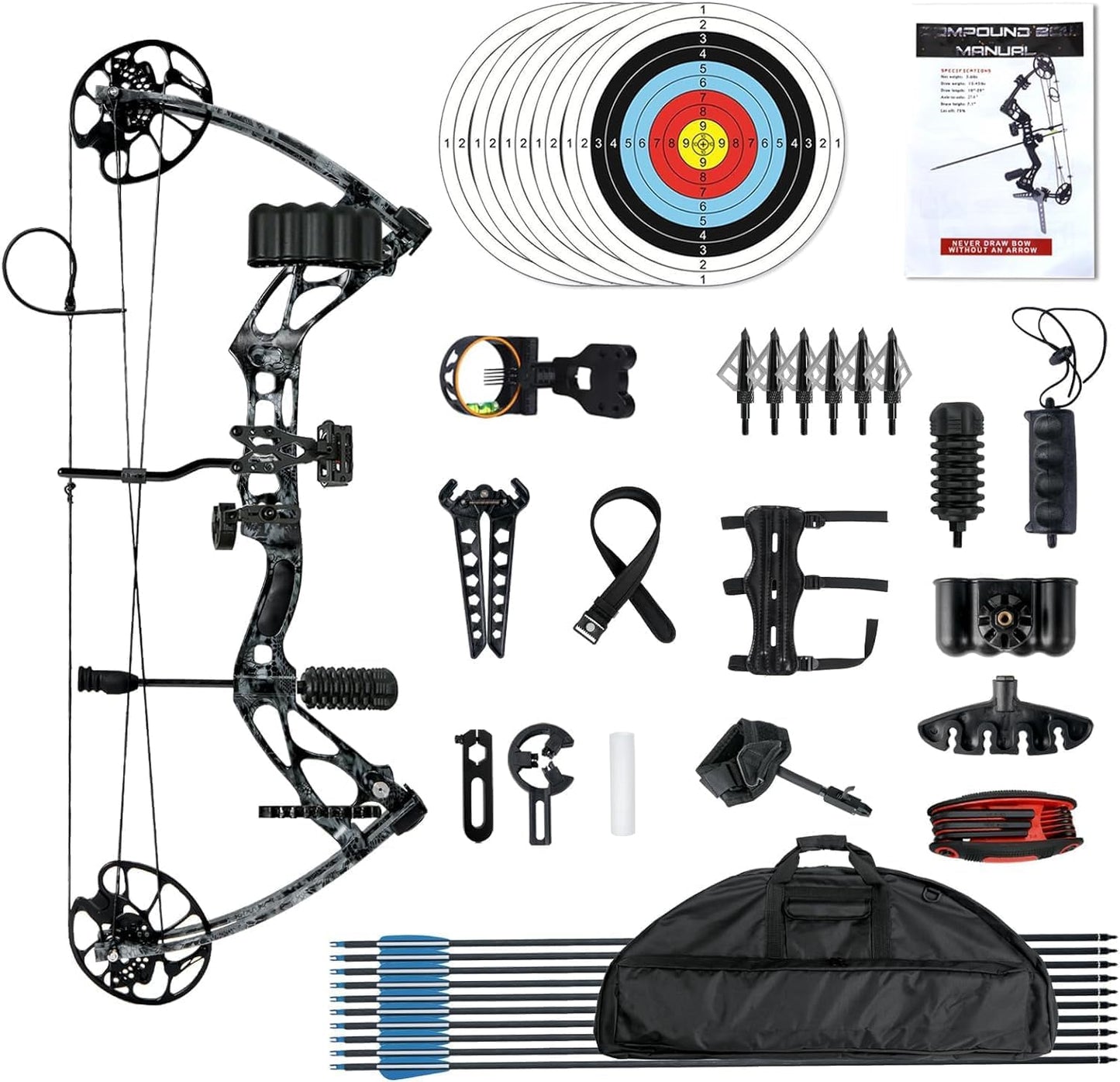 AKCHOER Compound Bow and Arrow Set 30-70 lbs for Adult and Teens, Adjustable Hunting Compound Bow Archery with Limbs Made in USA, Right Hand, 18”-31”, up to IBO 320 fps (CAMO)