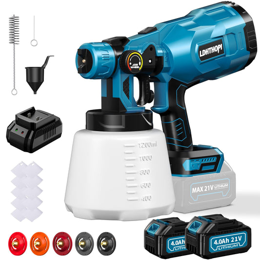 Cordless Paint Sprayer with 2x4000mAh Battery, 1000W High Power Electric HVLP Paint Sprayer Gun with 1200ml Large Container, 5 Copper Nozzles for Home and Furniture Painting