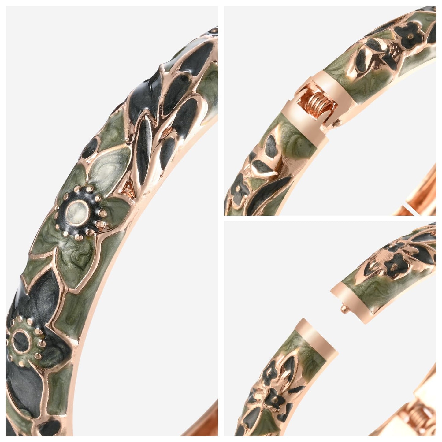 UJOY Handcraft Bangle Enameled Floral Colorful Cloisonne Jewelry Spring Hinged Cuff Bracelets Gifts for Holiday Birthday 55A101 Green